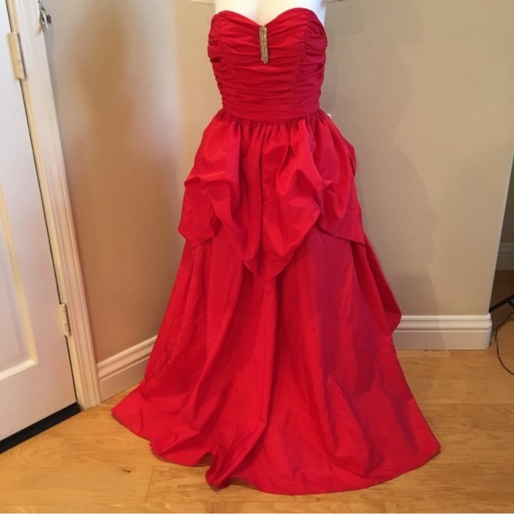 Vintage Mike Benet Formals Red Taffeta Strapless Gown Small Rhinestones